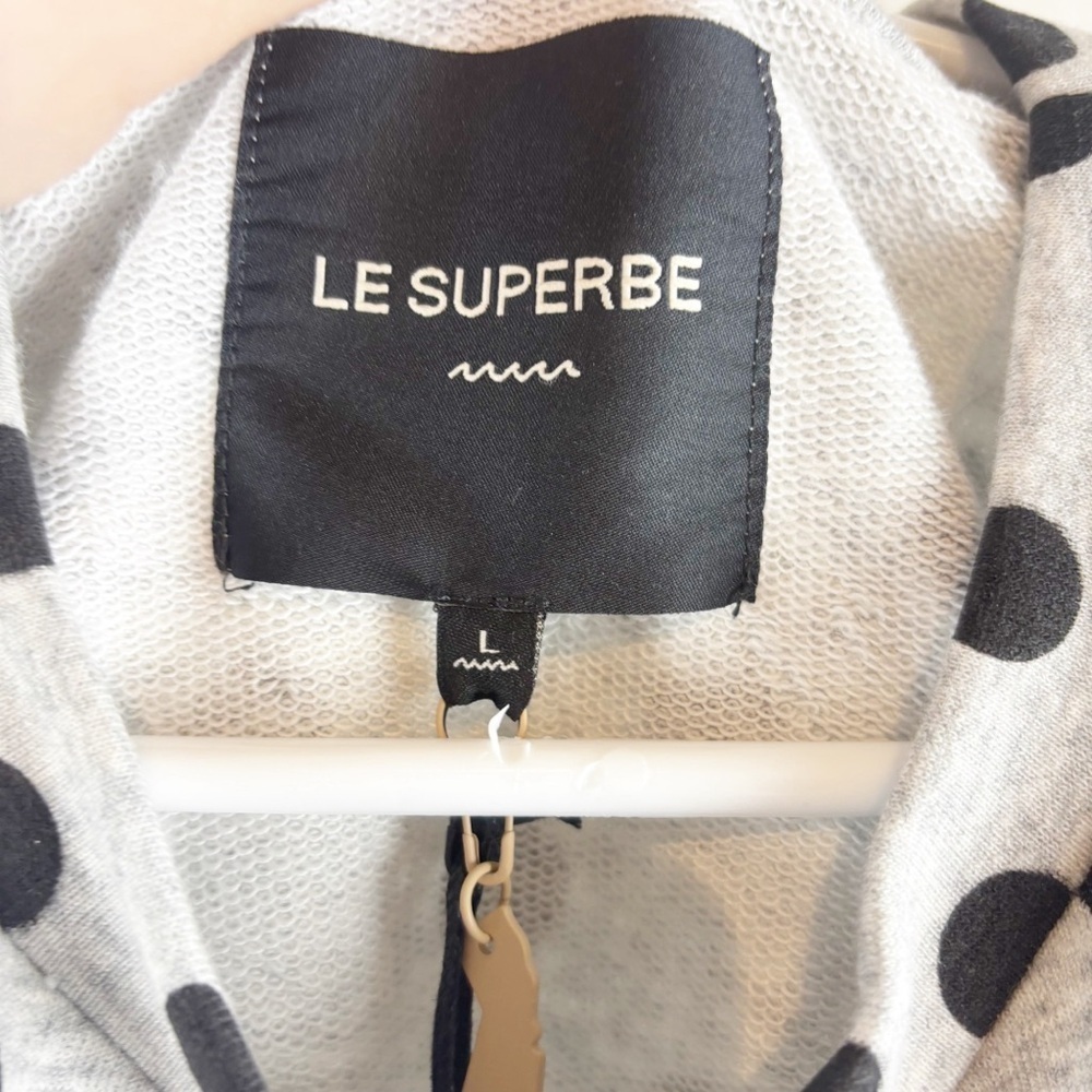 Le Superbe Seeing Double Ostrich Feather Muscle Polka Dot Top Large Gray Black - Picture 3 of 7